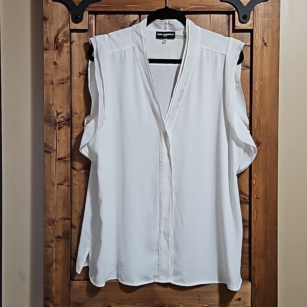 Karl Lagerfeld White Frilled V-Neck Sleeveless Crepe Top XL